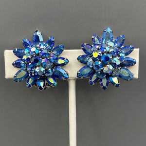 Vintage Sherman Blue Crystal Aurora Borealis Earrings JP437